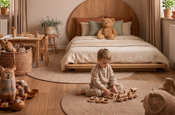 modern kids room with neutral tones and marble surfaces design